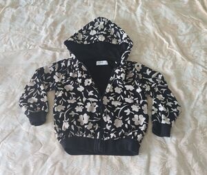 Black Floral Hooded Zip-Up Top for Kids